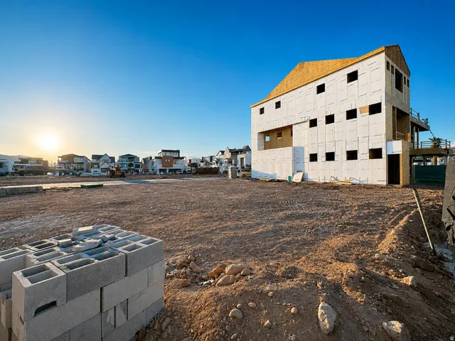 Under-construction residence featuring a multi-level wood frame structure, exterior sheathing, and an unfinished roofline