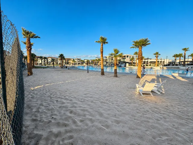 Sandy beach area featuring multiple palm trees and a large, clear water body