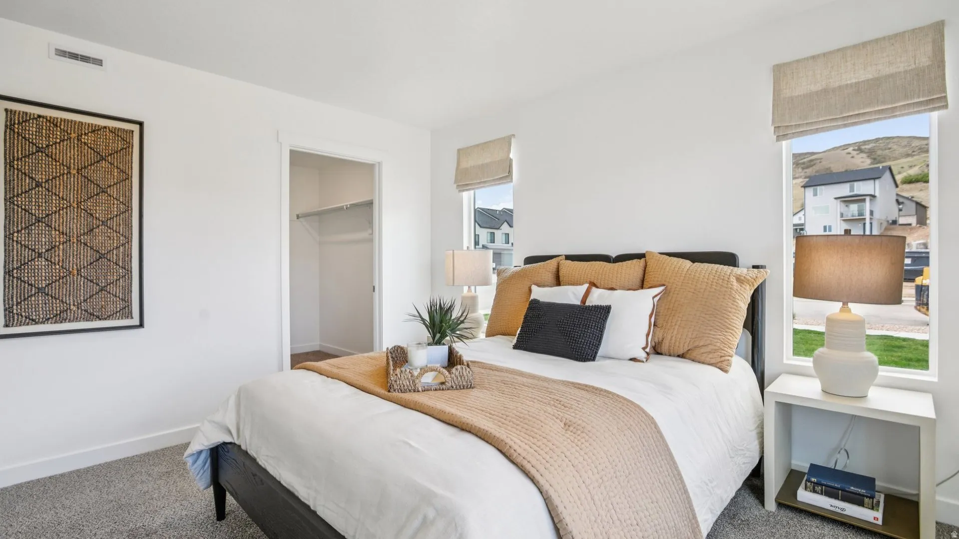 Bright room featuring two large windows with neutral-toned Roman shades, light-colored walls, and gray carpet