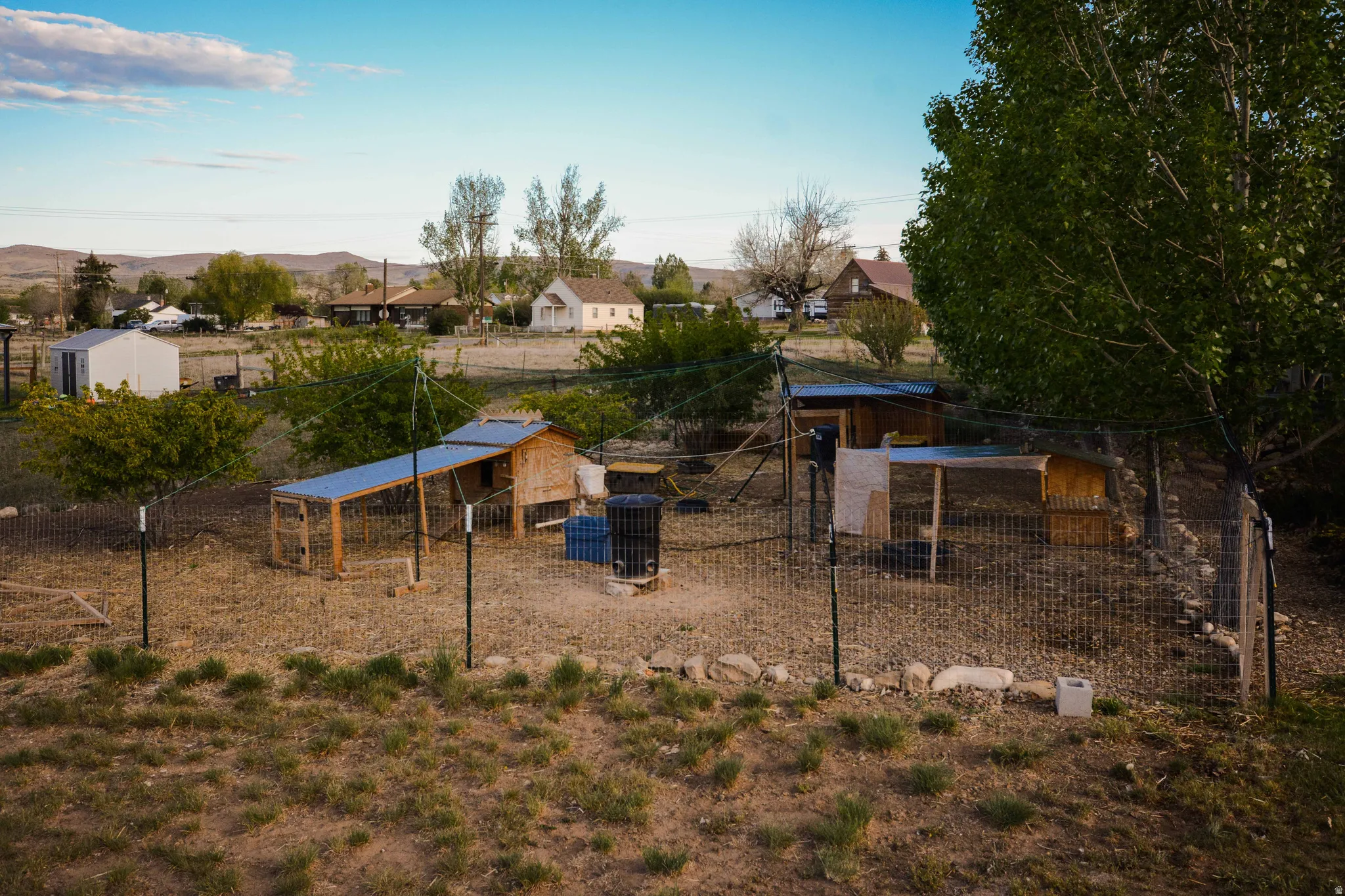 Fenced outdoor enclosure with multiple wooden structures and metal roofing