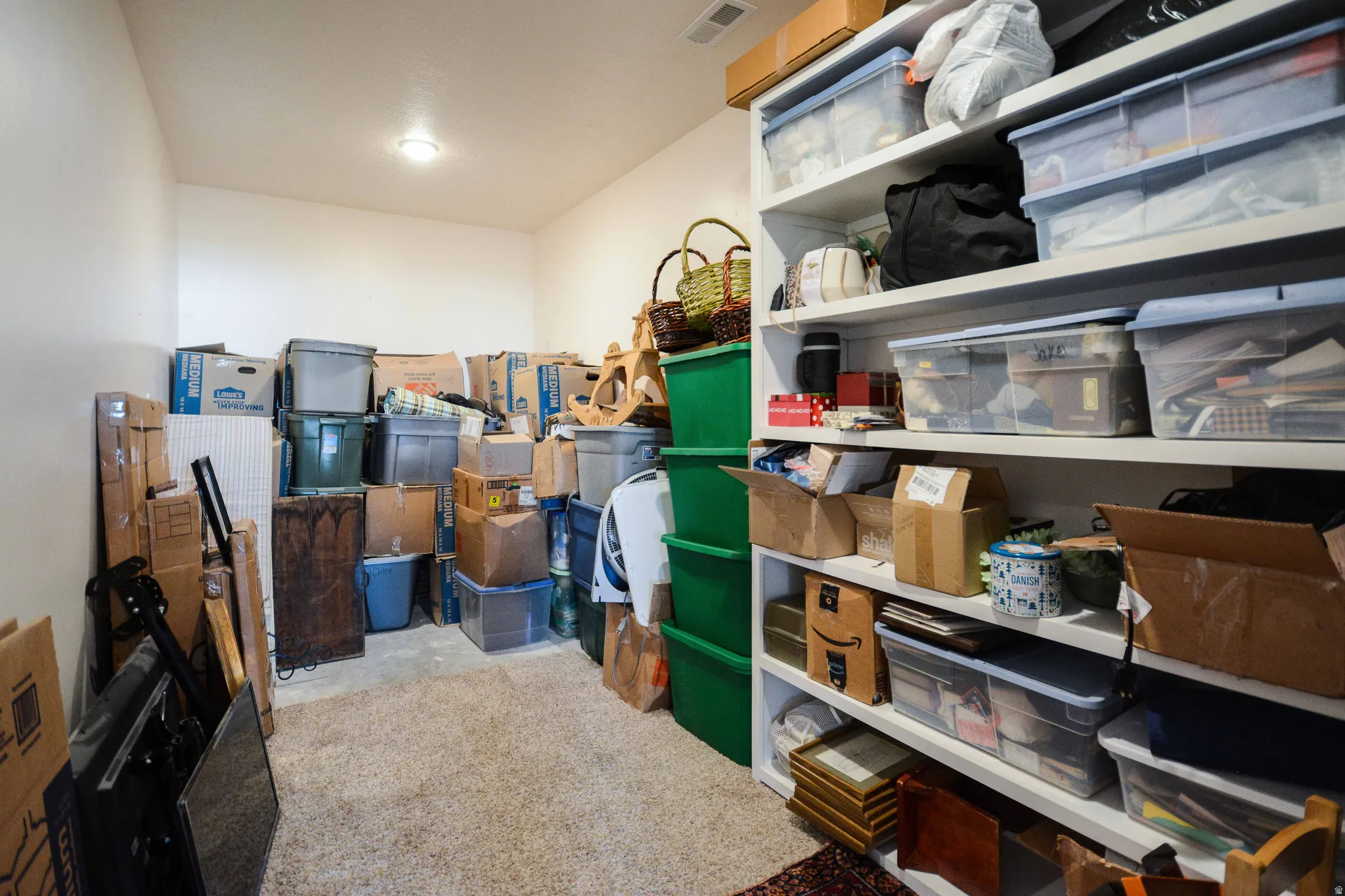 Dedicated storage room featuring wall-mounted shelving, overhead lighting, and carpet flooring