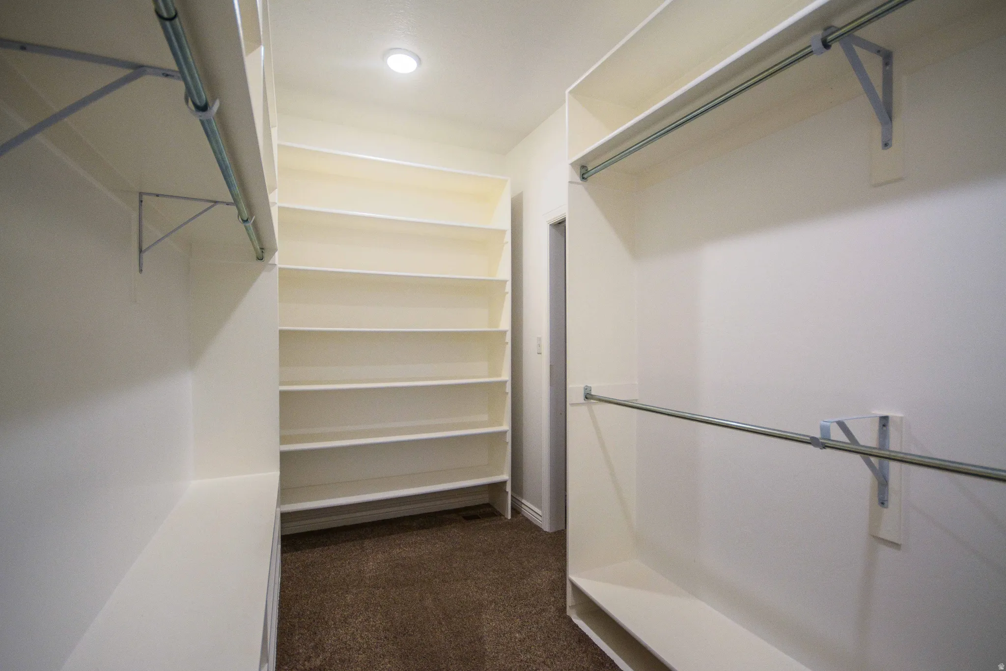 Walk-in closet featuring extensive built-in shelving, multiple hanging rods, recessed lighting, and carpet flooring