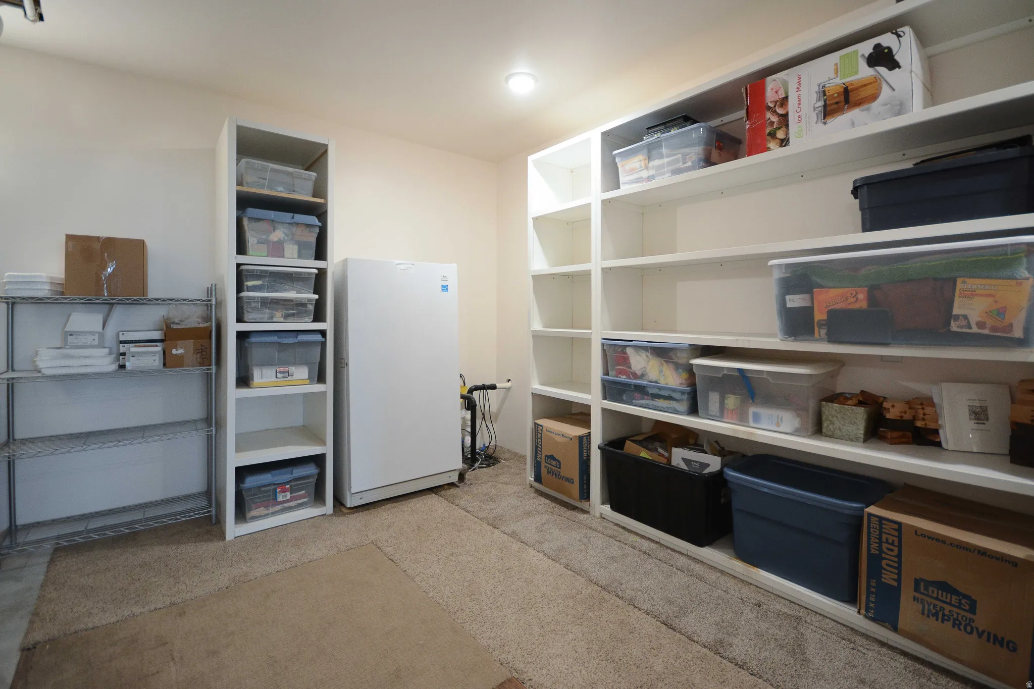 Dedicated storage space featuring extensive built-in shelving, a freestanding freezer, and carpet flooring