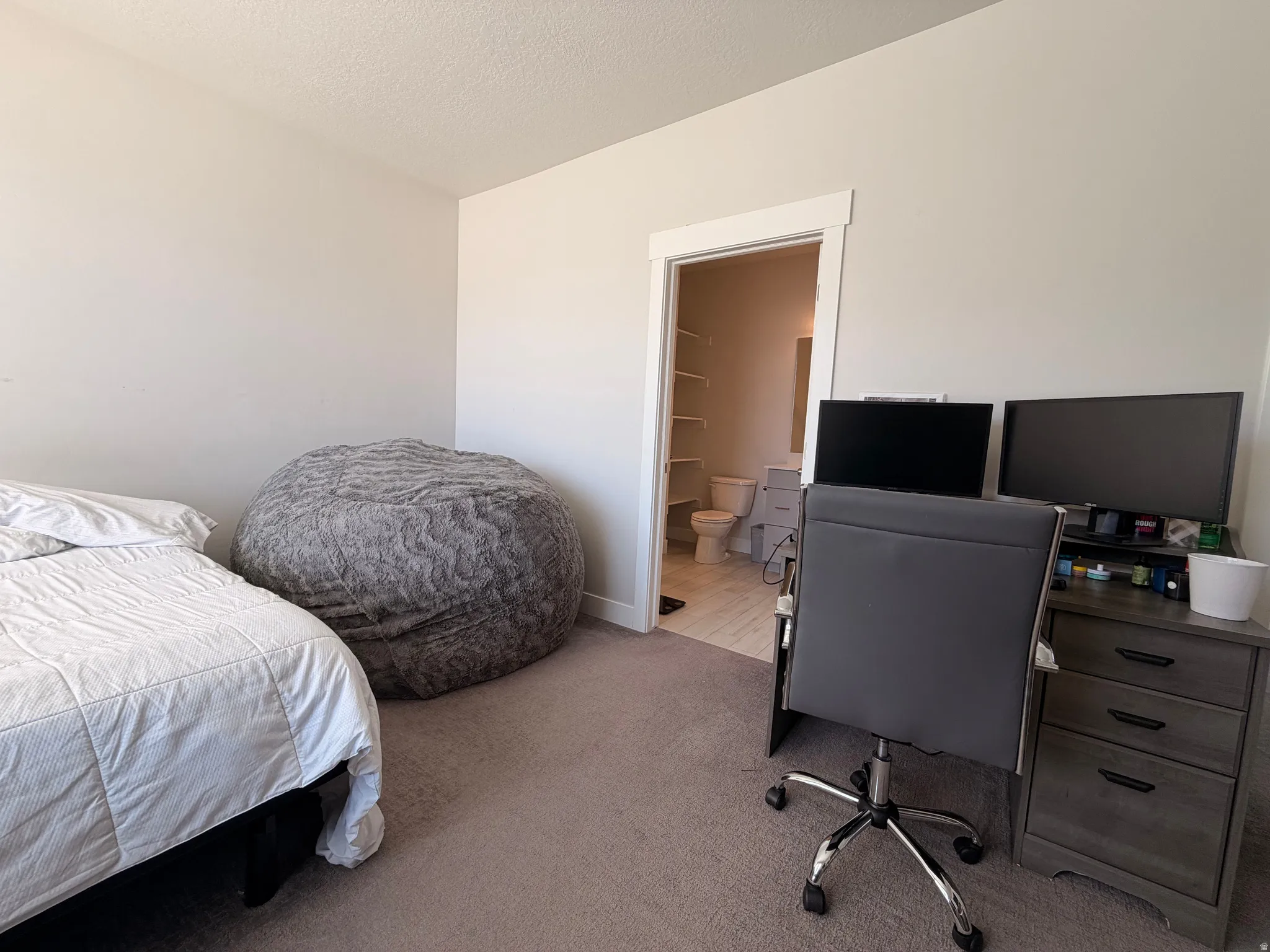 Light-toned walls complement the neutral carpeting