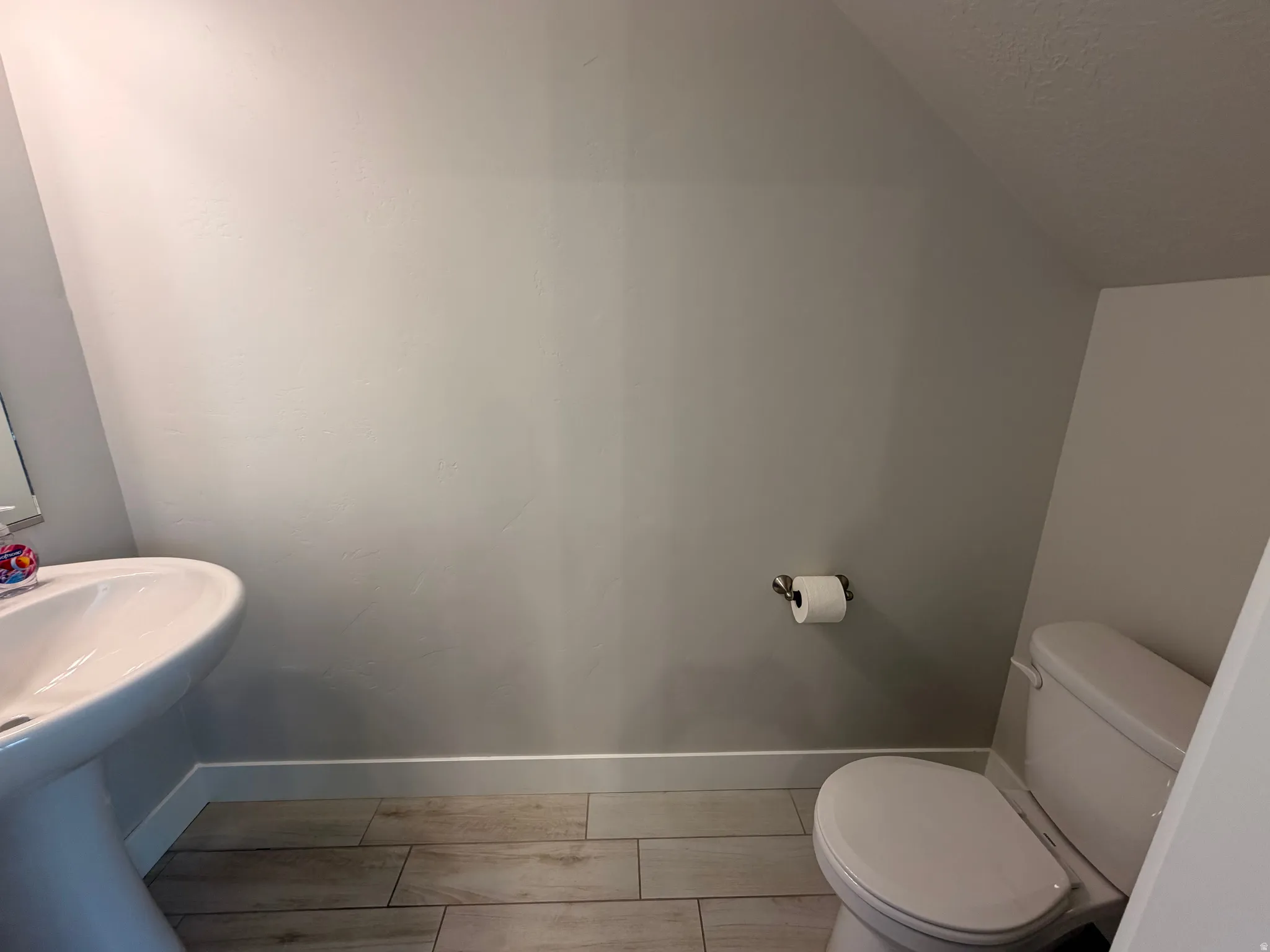 Bathroom featuring a white pedestal sink, a white toilet, and wood-finish tile flooring