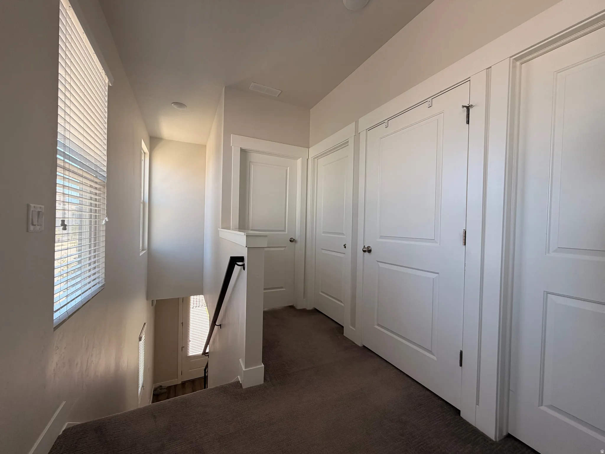 Upper-level hallway featuring neutral carpeting, a white baluster with a black handrail, and multiple white paneled doors