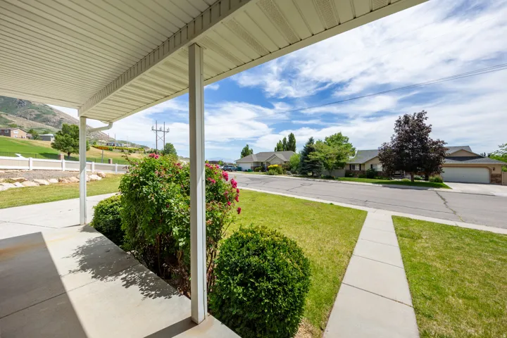 Covered front porch with white columns, concrete walkway, and established landscaping featuring bushes and flowering shrubs