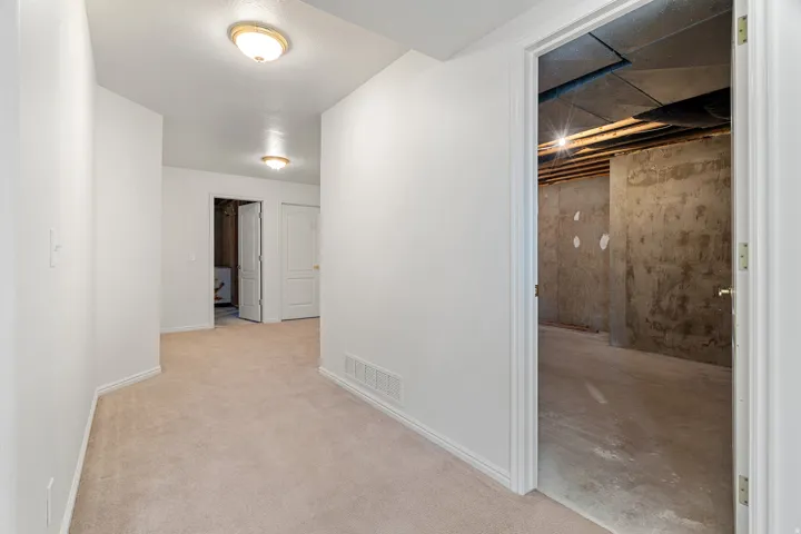 Finished hallway featuring light neutral carpeting, white baseboards, and overhead flush-mount lighting