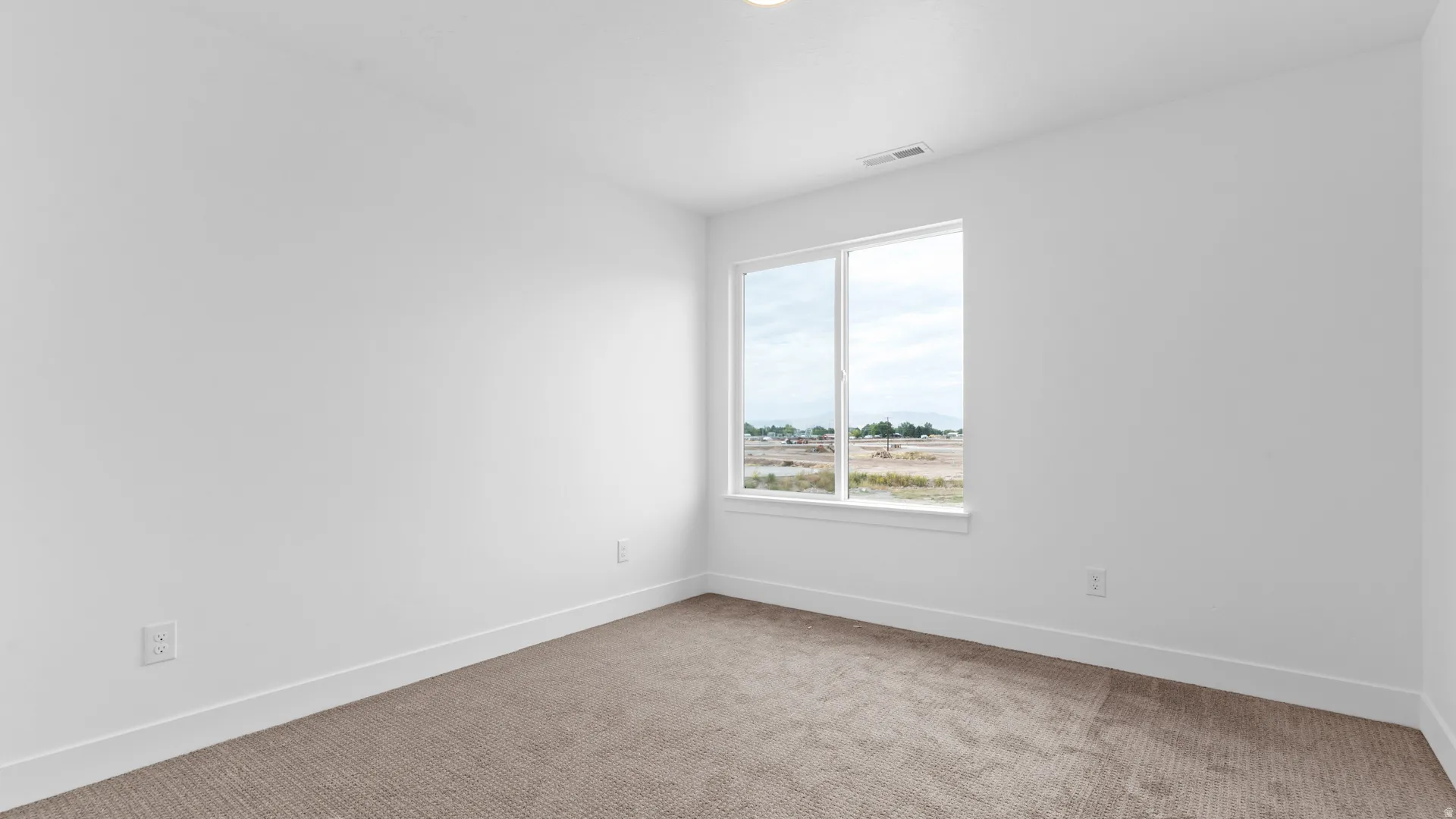 Carpeted room with a large window and white trim