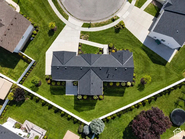 Manicured lawn with mature landscaping, extensive concrete driveway, dark shingle roofing, and a privacy fence