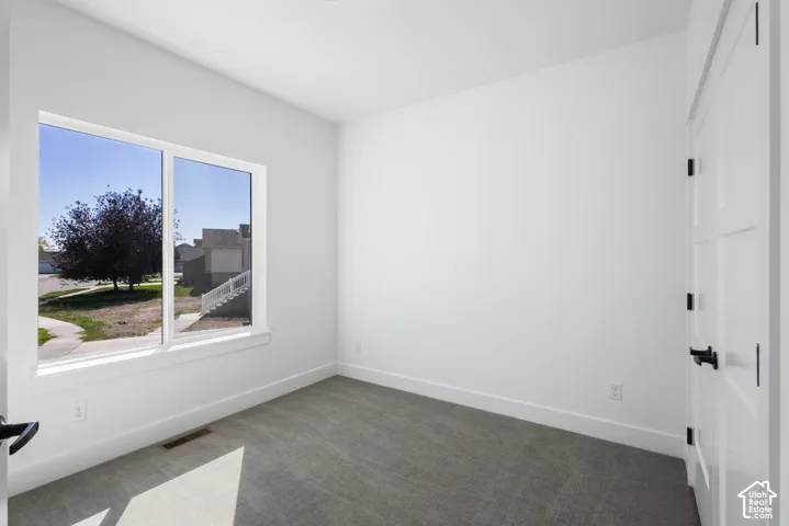 White walls featuring a large window, gray carpet, and white paneled doors with black hardware