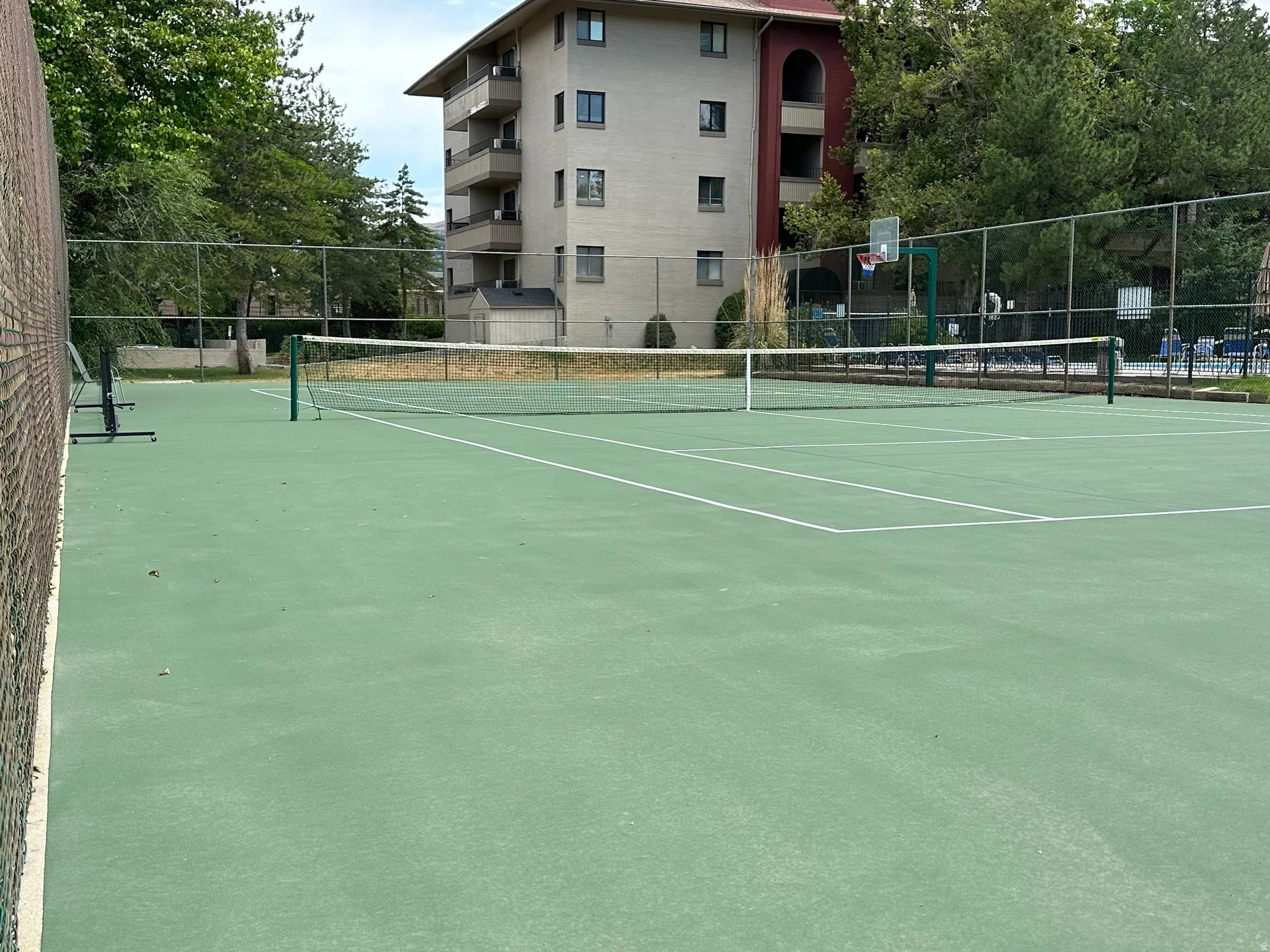 Tennis court with a green surface and white line markings