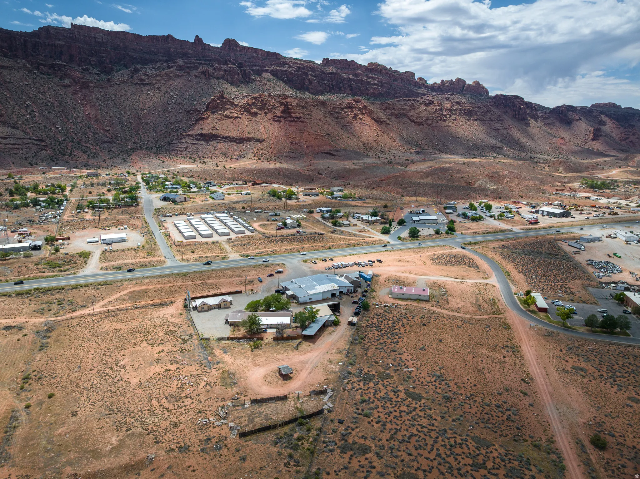 Aerial perspective showcasing a mixed-use commercial and residential landscape