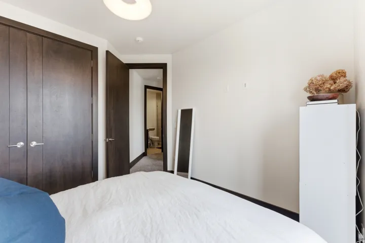 Wood-finish double closet doors with contemporary hardware