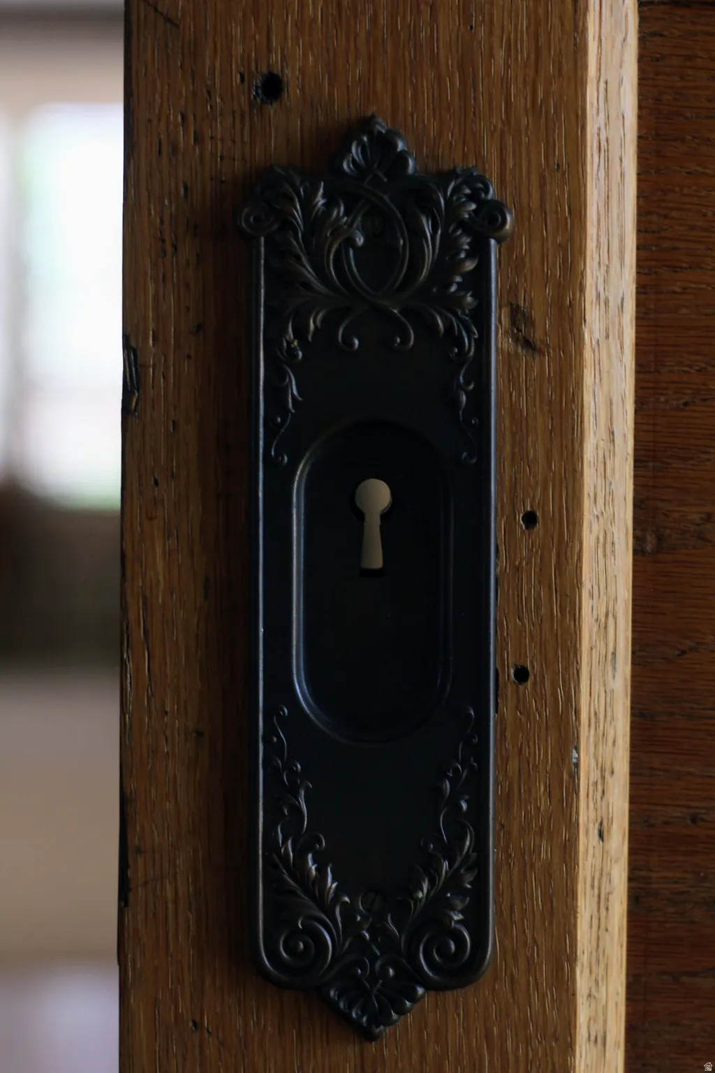 Ornate dark-finish escutcheon plate with a keyhole, set against a rich wood door frame
