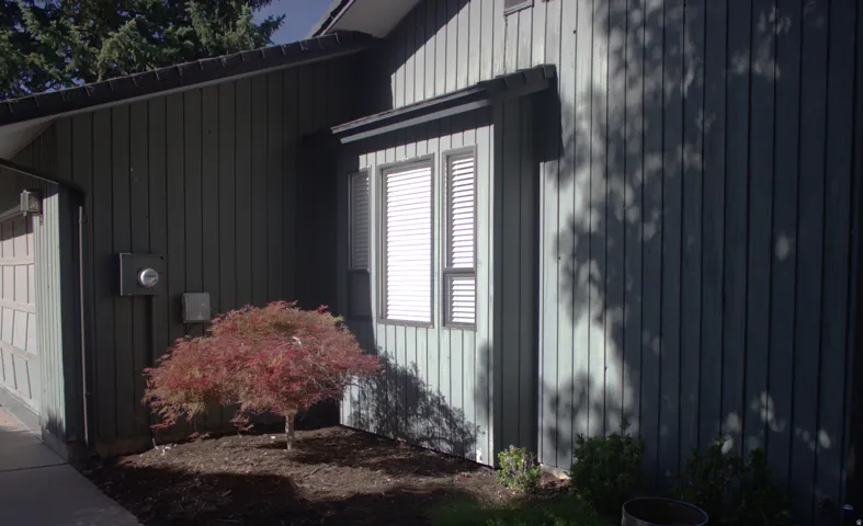 Exterior facade featuring vertical siding, bay window with louvered blinds, attached garage, and mature landscaping