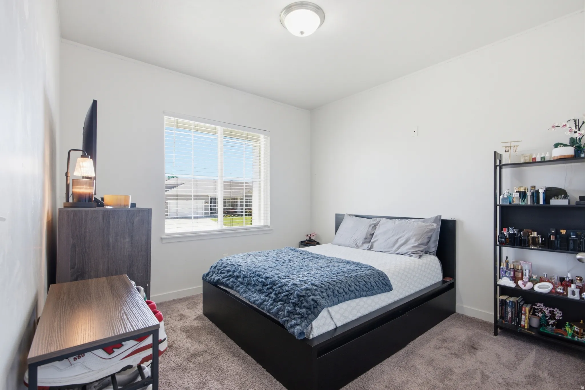 Bedroom featuring a single window with blinds, light gray wall paint, and gray carpet flooring