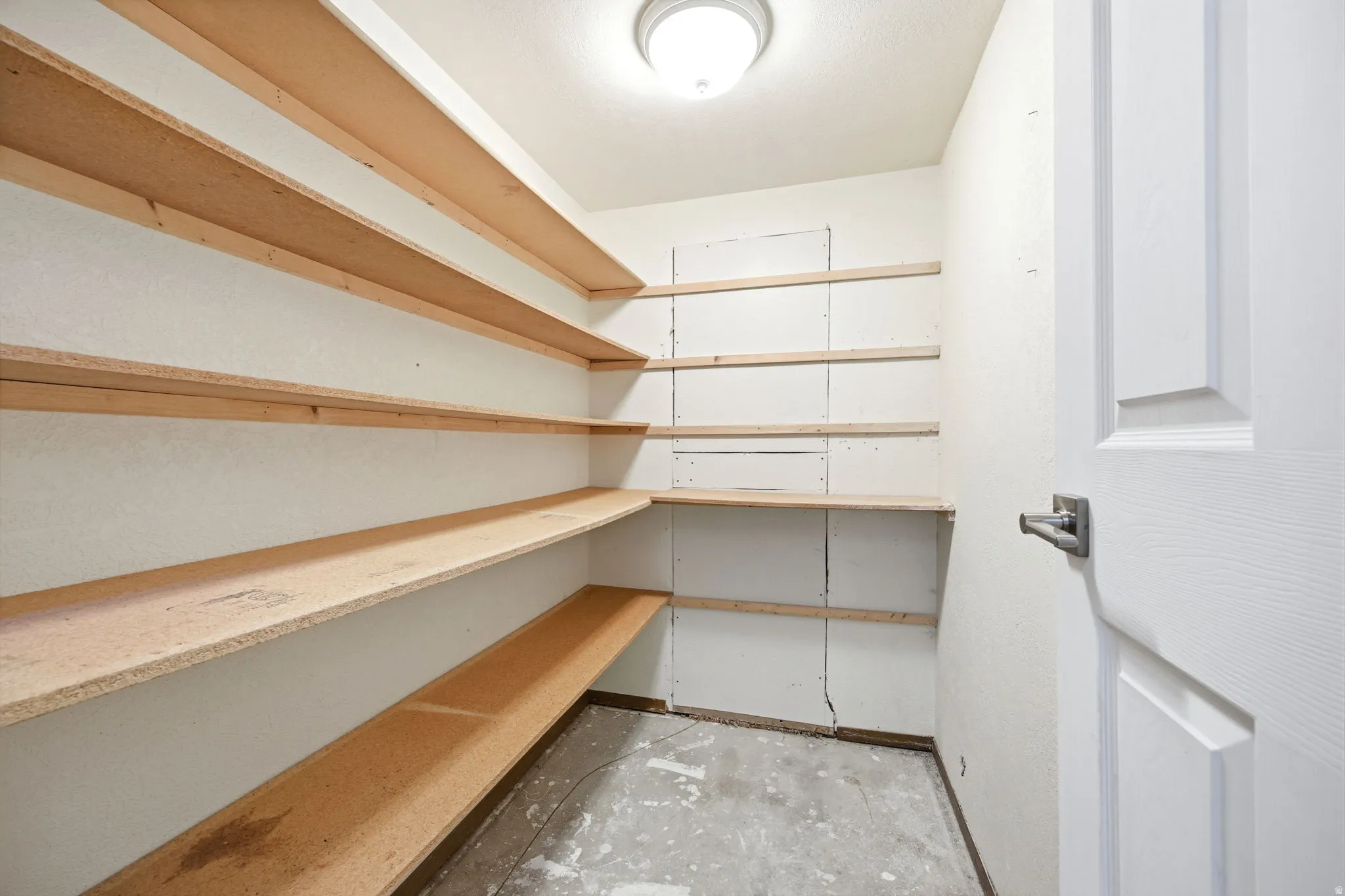 Walk-in pantry featuring extensive built-in shelving, white walls, and a flush-mount ceiling light fixture