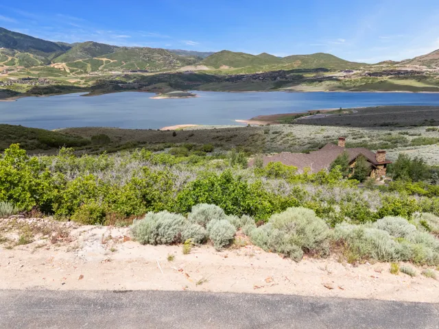 Mountain and lake scenery with natural vegetation and distant residential structures