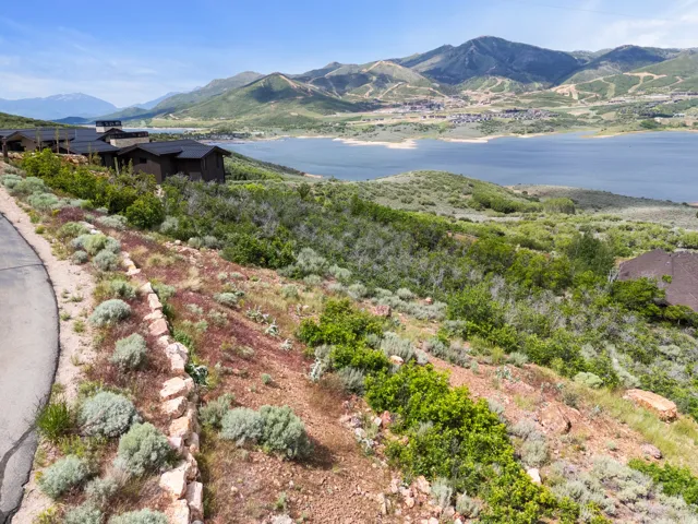 Expansive lake and mountain scenery from a sloped, natural landscape
