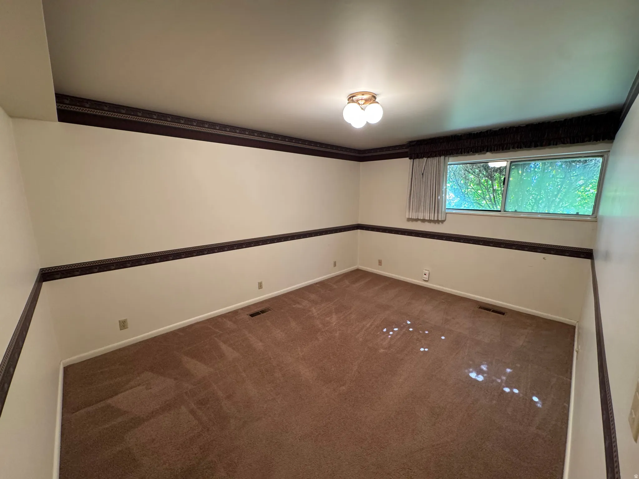 Carpeted room featuring a large window, a wall-mounted light fixture, white walls, and decorative border trim