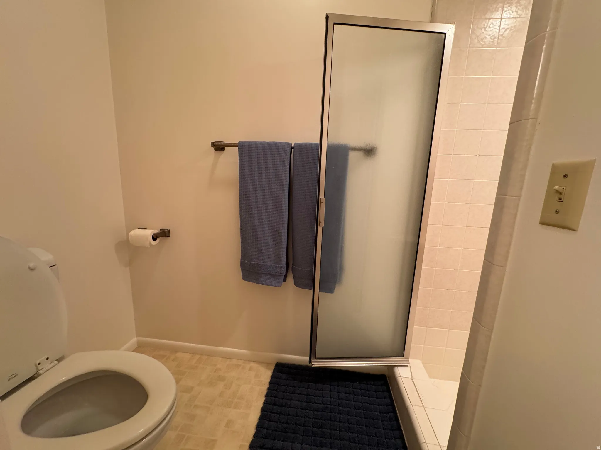 Bathroom featuring a white toilet, tile flooring, and a shower with a frosted glass enclosure