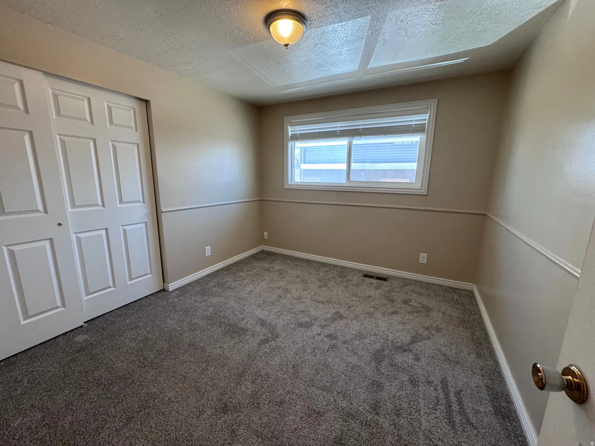 Carpeted room featuring a white-trimmed window, a dual-door closet with panel detailing, and neutral wall tones with chair rail molding