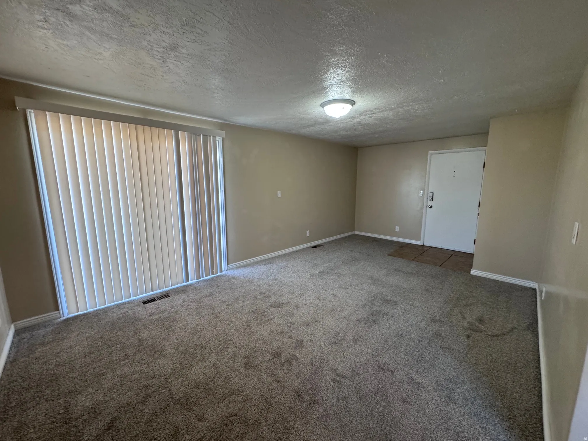 Spacious interior featuring neutral carpeting, light-toned walls, and a large sliding glass door with vertical blinds