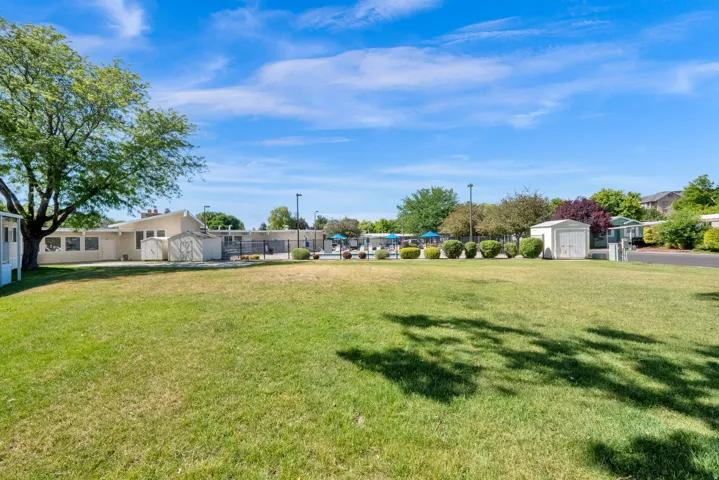 Expansive lawn area bordered by established trees and shrubs