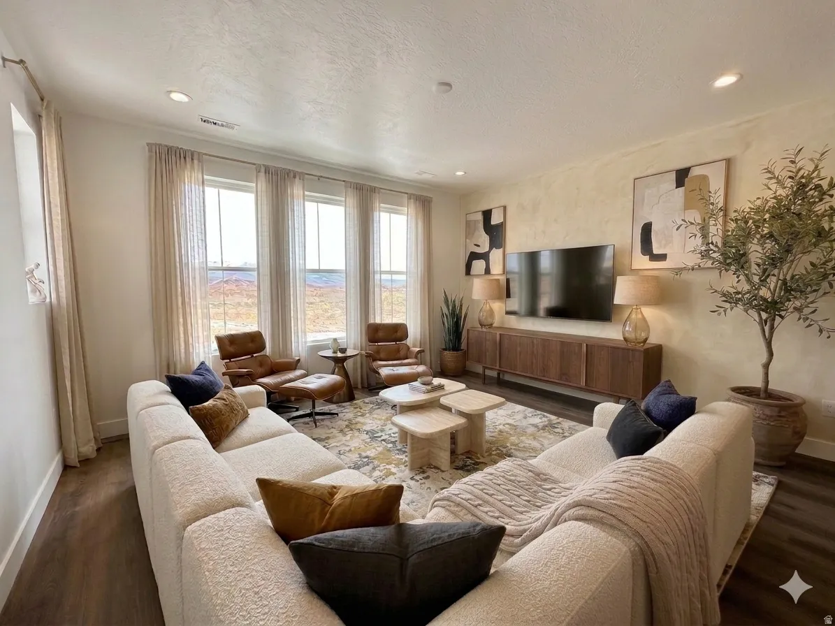 Living area featuring wood-finish flooring and recessed lighting