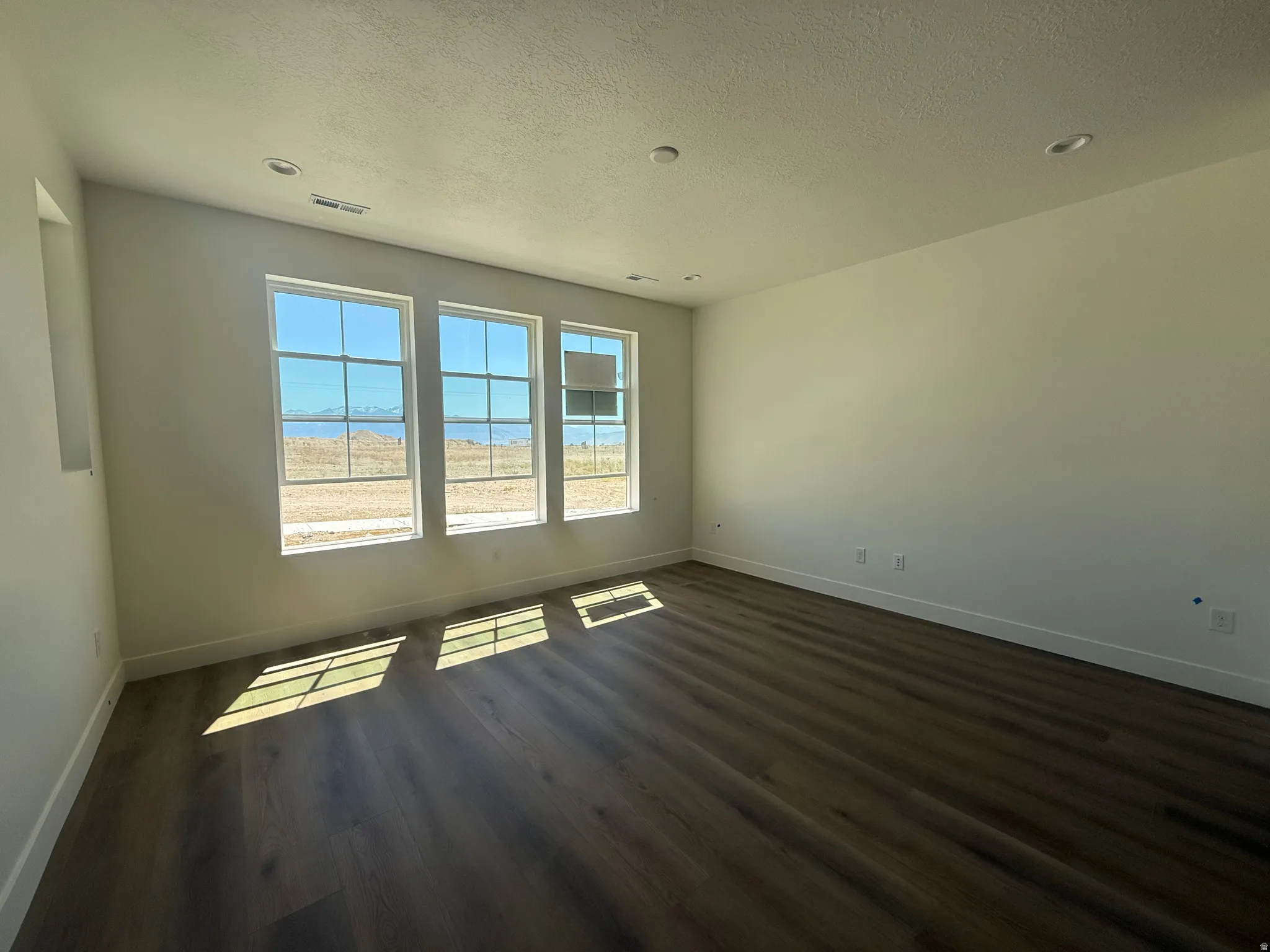 Spacious interior room featuring three large windows, wood-finish flooring, recessed lighting, and crisp white baseboards