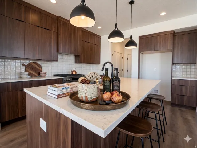 Modern kitchen featuring a central island with a light-toned countertop and pendant lighting