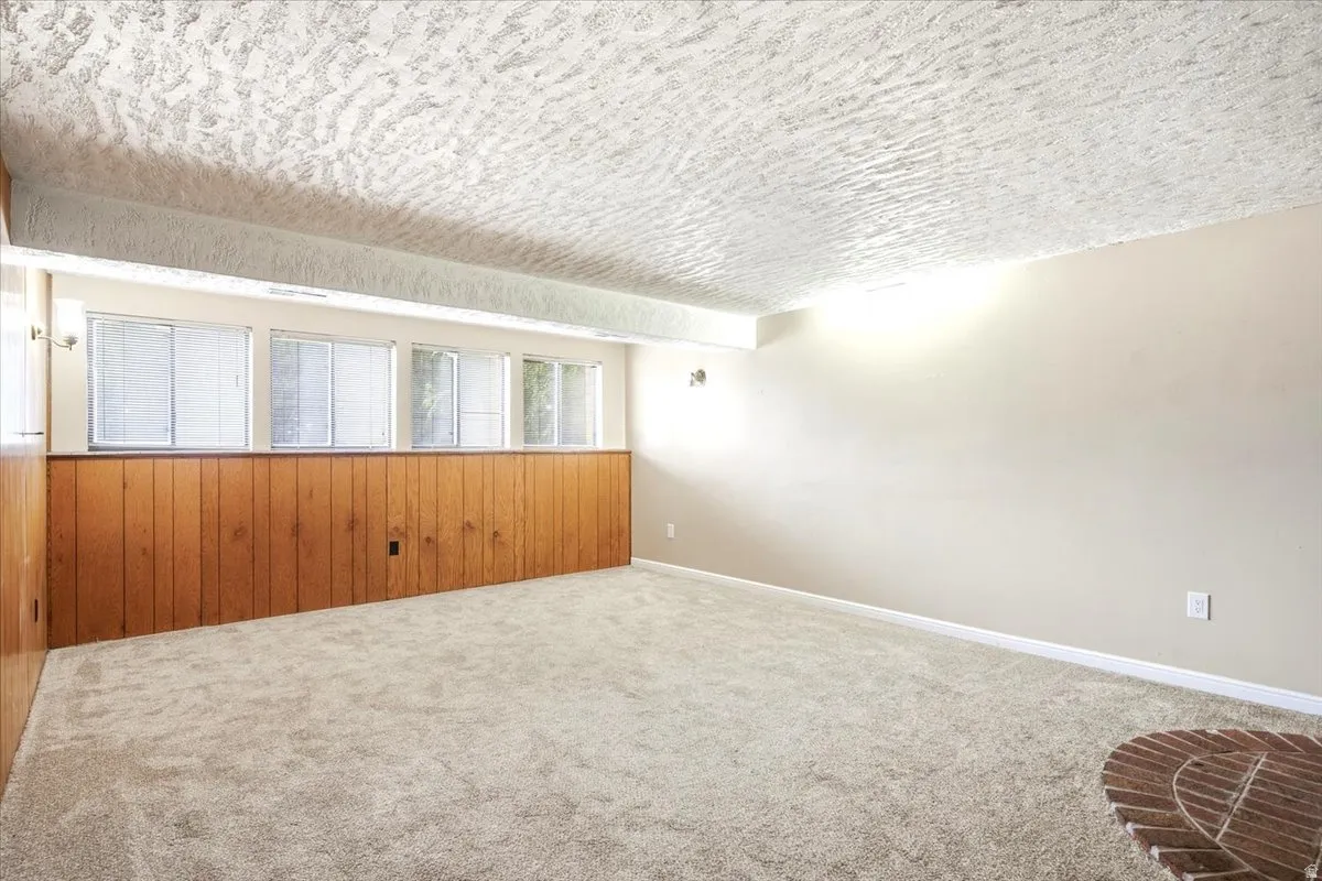 Neutral wall paint, textured ceiling, wood paneling, multiple windows, and carpet flooring