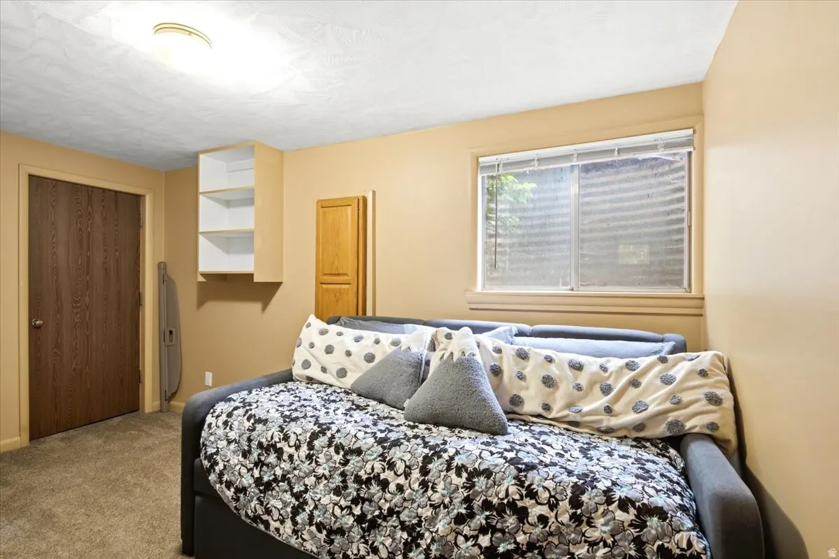 Carpeted room featuring a window with horizontal blinds, built-in wall shelving, a wood-finish door, and a built-in wood-finish cabinet