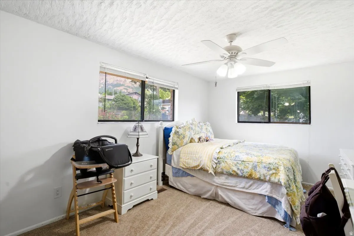 Carpeted room featuring multiple windows, a ceiling fan with integrated lighting, and a neutral color palette