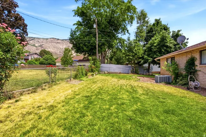 Expansive backyard featuring a manicured lawn, established trees, and chain-link fencing
