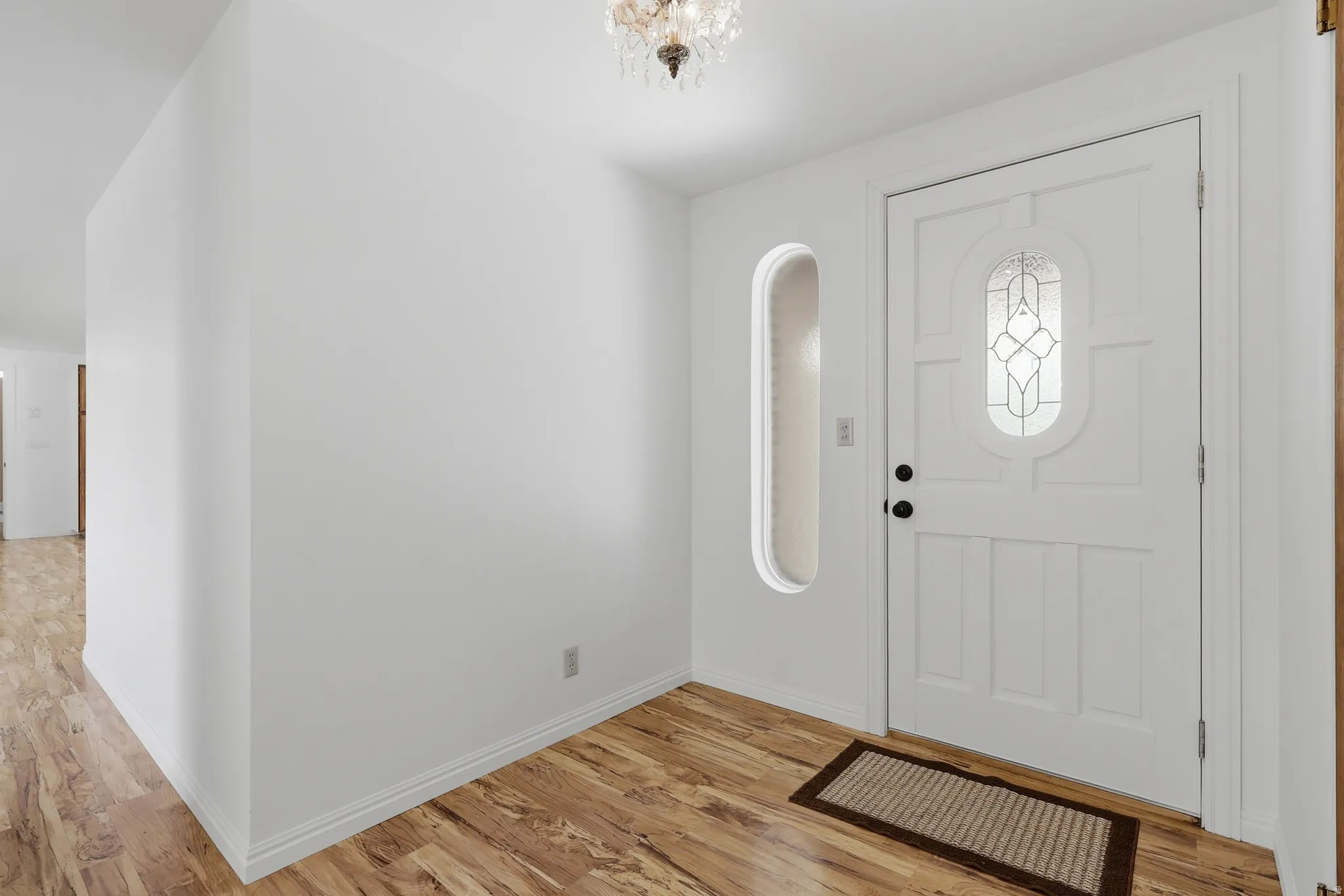Entryway featuring a white paneled door with decorative glass insert, a complementary vertical frosted glass window, and wood-finish flooring