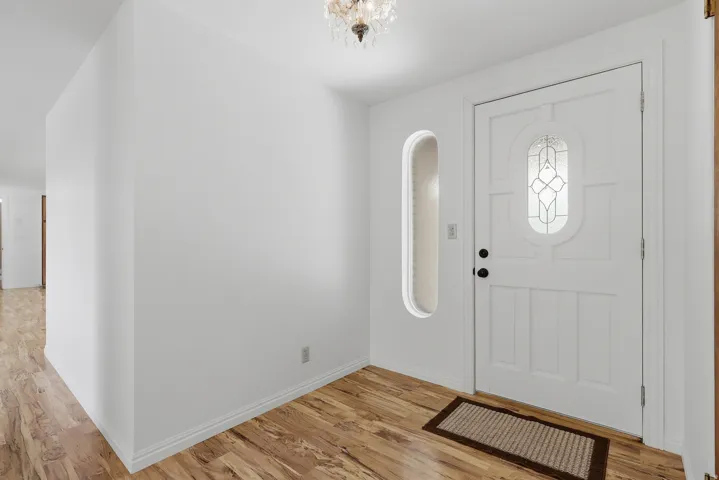 Entryway featuring a white paneled door with decorative glass insert, a complementary vertical frosted glass window, and wood-finish flooring