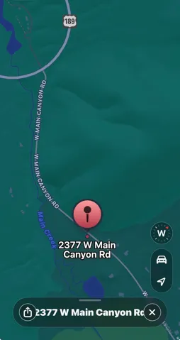 Geographic Map. Displaying the location of the property at 2377 W Main Canyon Rd relative to surrounding features and roads