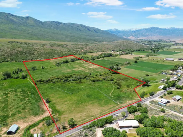 Expansive land parcel featuring open fields, scattered mature trees, and a bordering paved road