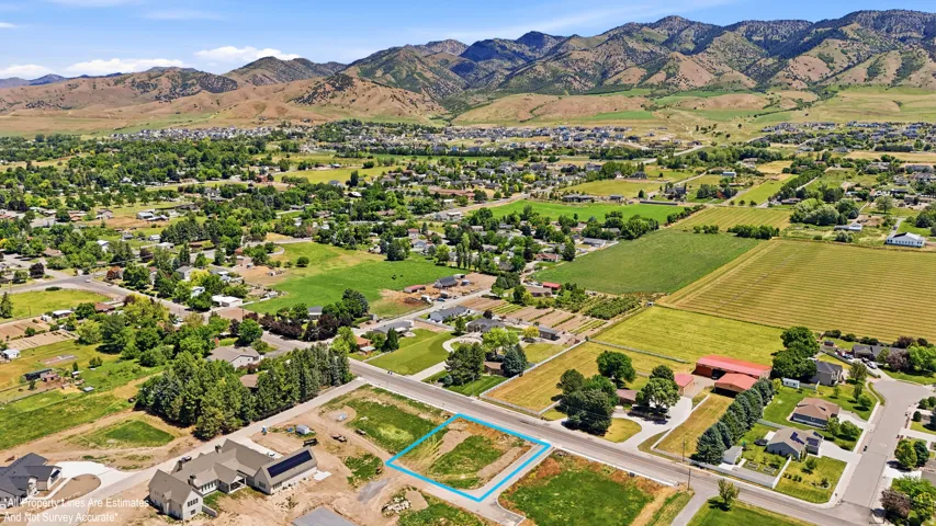 Aerial perspective of a buildable lot with mountain backdrop
