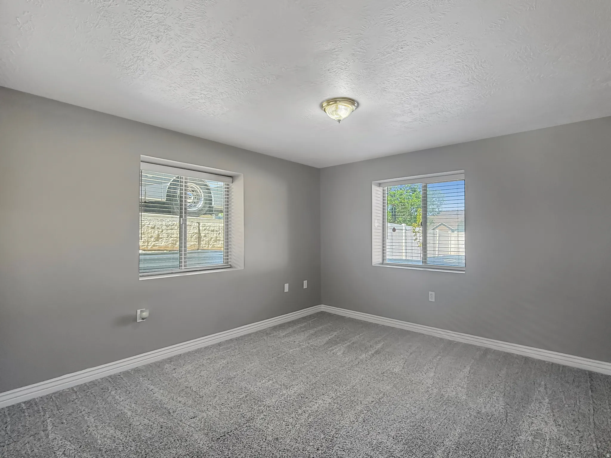 Neutral gray wall paint complementing new gray carpeting