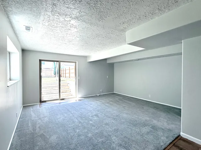 Spacious carpeted room featuring a sliding glass door, a horizontal window, and a textured ceiling