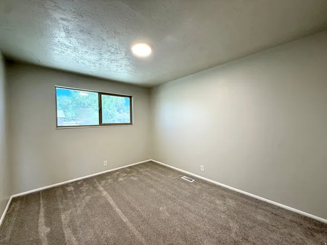 Neutral tone walls complement the textured gray carpeting in this room featuring a window with exterior views and a flush-mount ceiling light fixture
