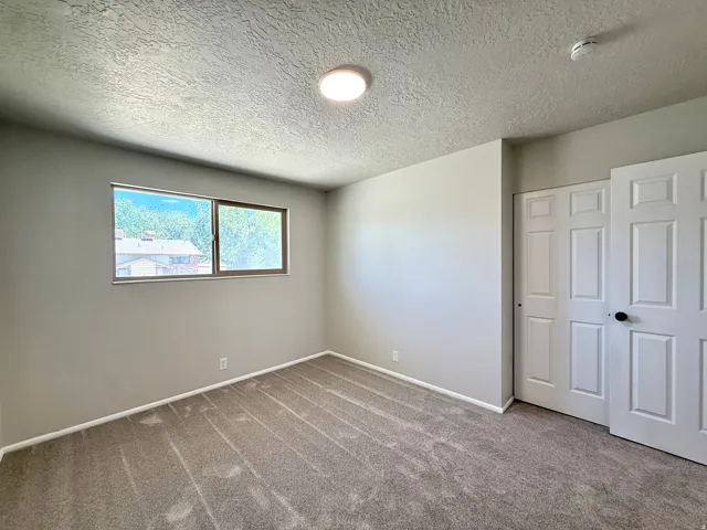 Carpeted room with a horizontal window featuring a natural landscape