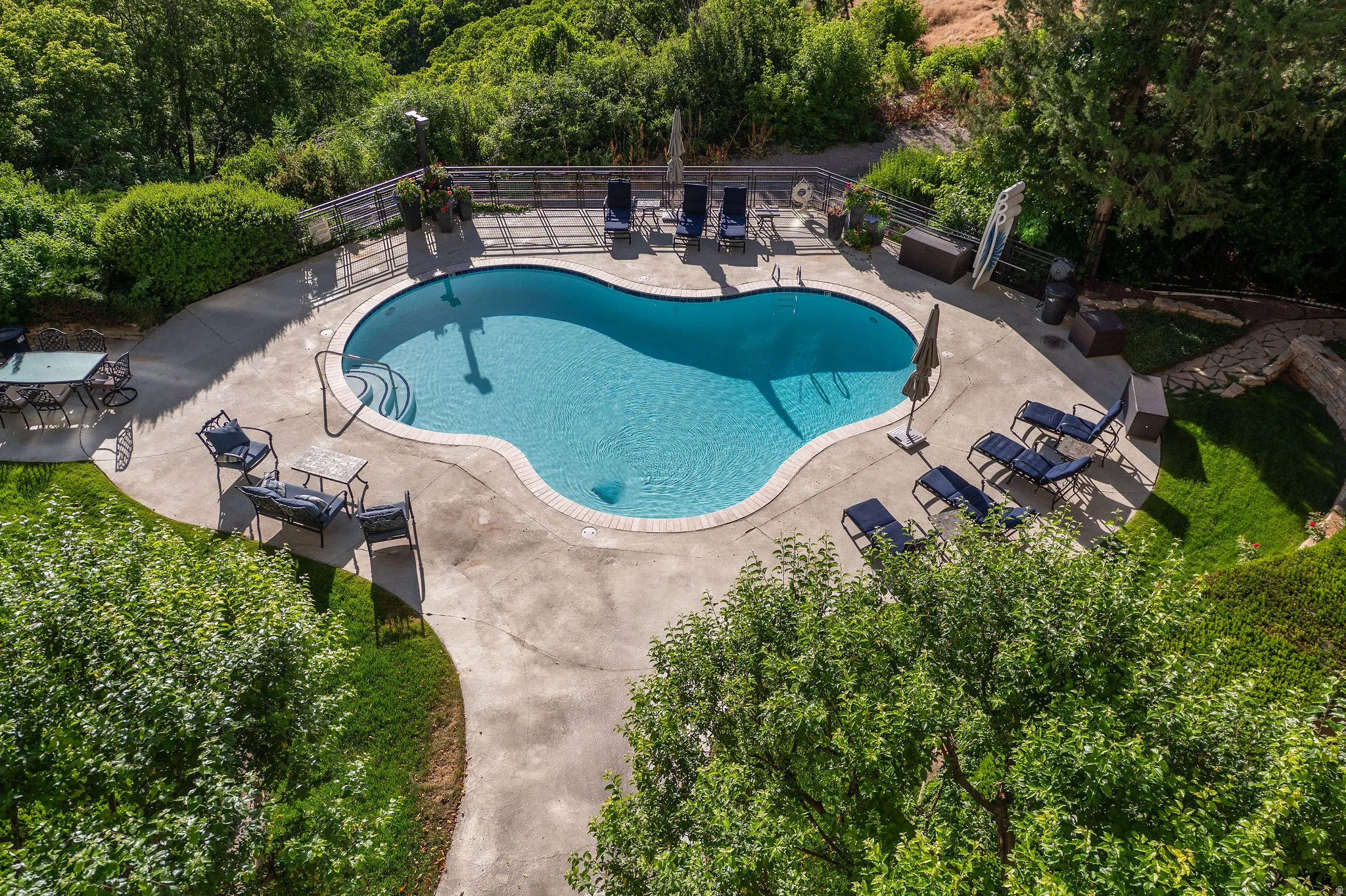Kidney-shaped swimming pool with concrete surround and surrounding green landscaping