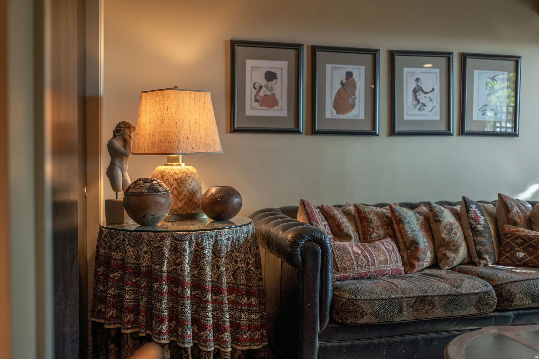 Warm-toned interior wall with framed artwork