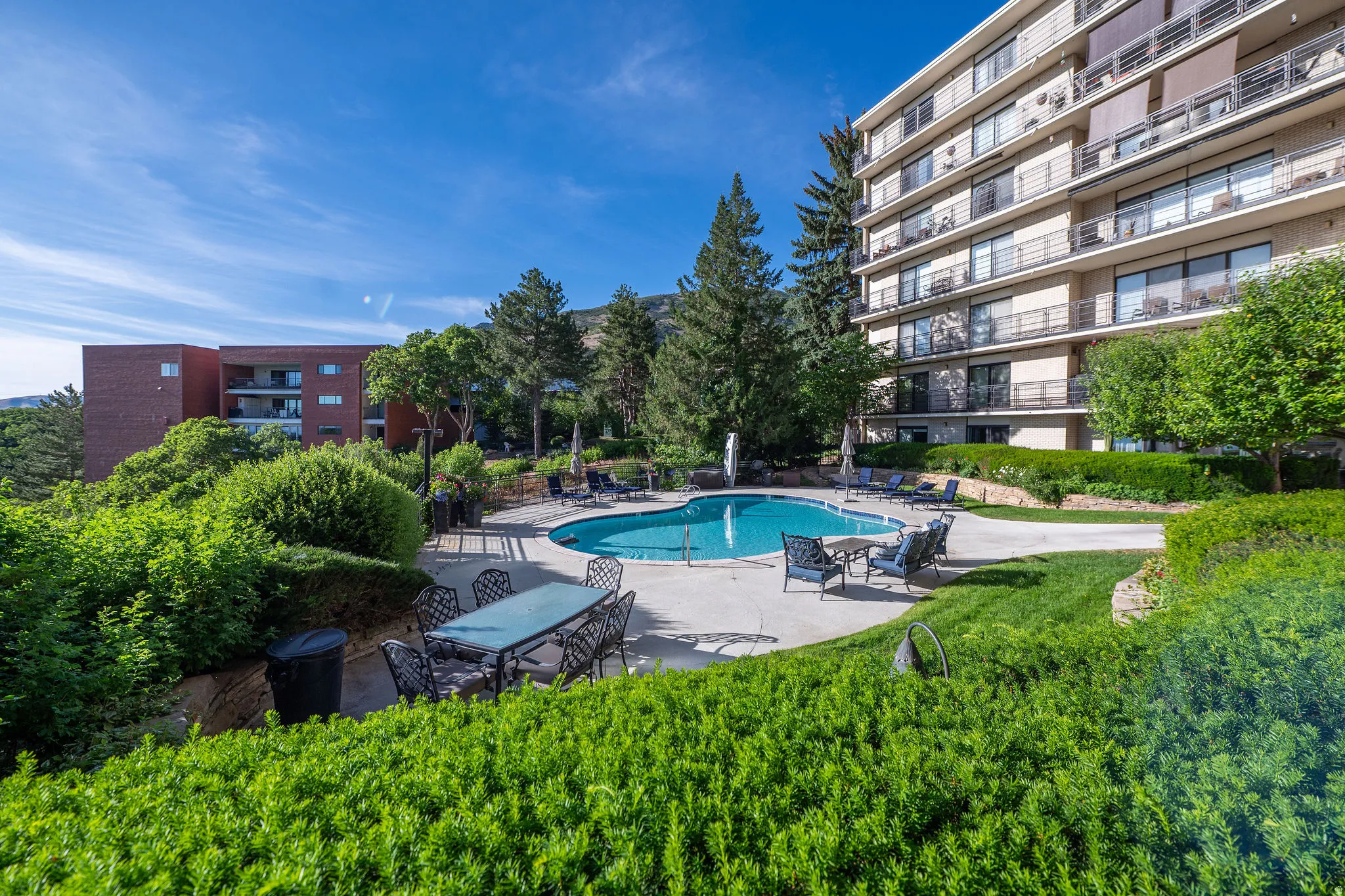 Exterior amenities featuring a kidney-shaped swimming pool, surrounding patio, and lush landscaping