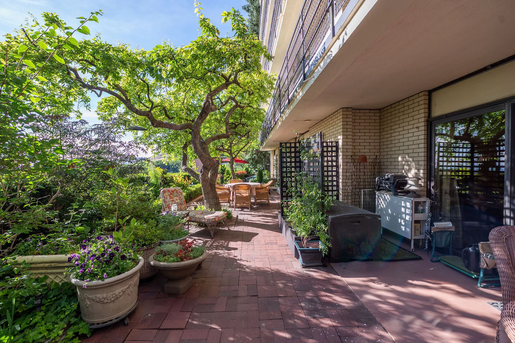 Private outdoor patio featuring a brick paver surface, mature tree canopy, and established perimeter plantings