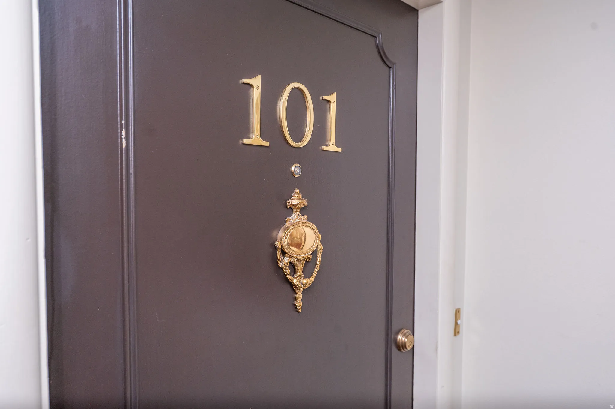 Dark-toned entry door with recessed paneling, featuring prominent gold-toned numerals and an ornate gold-toned door knocker